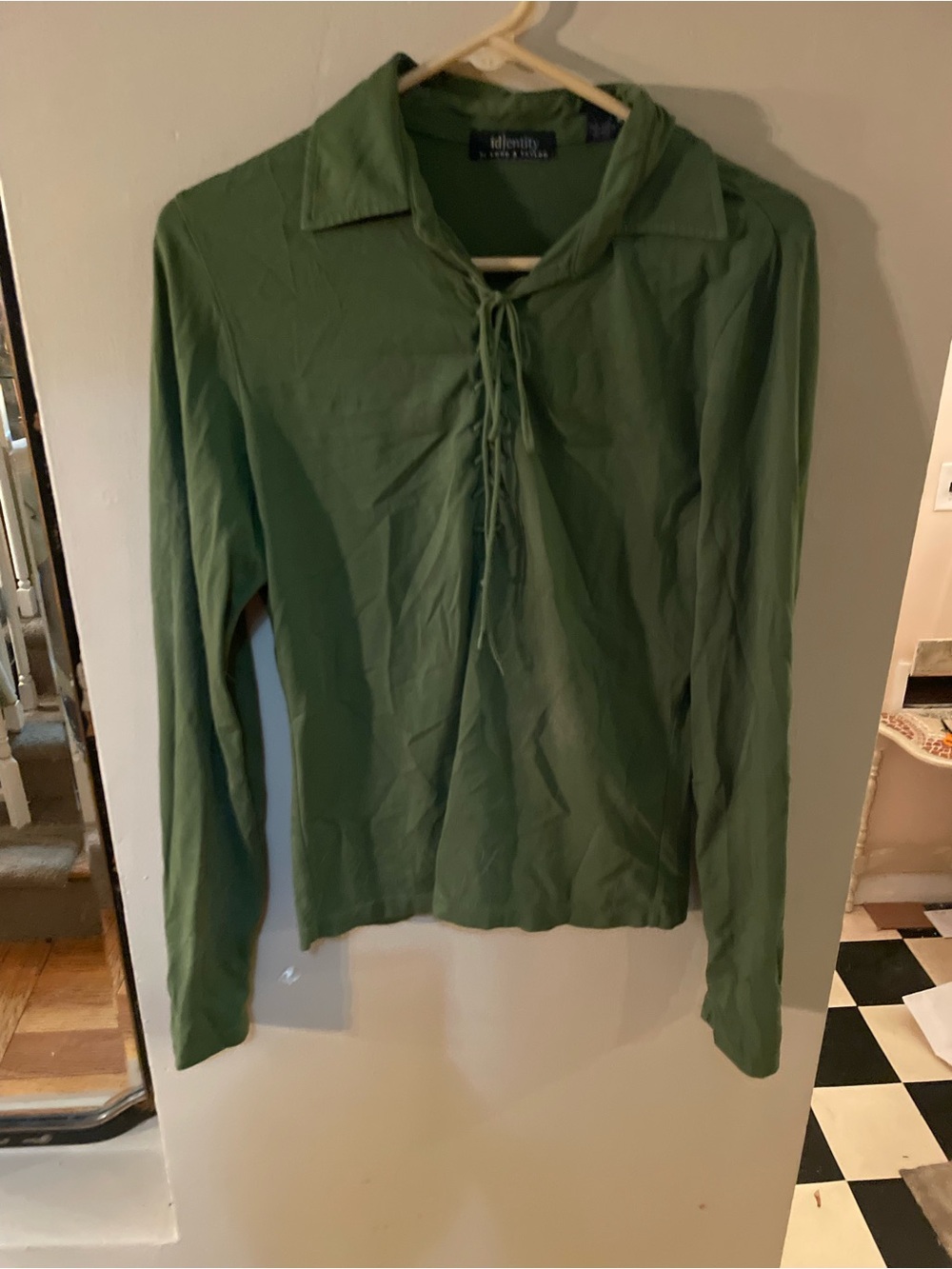 Lord & Taylor Olive Green Lace-Up Collared Long Sleeve Top